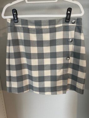 LOFT Gray and Cream Plaid Mini Skirt with Side Buttons